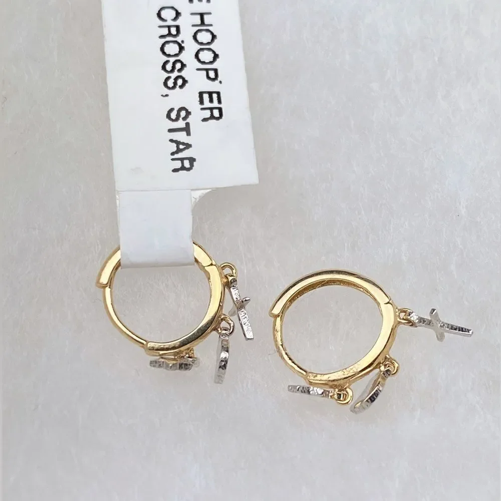 Carla Nancy B. 14k Gold Huggie Hoop earrings with star and cross charm